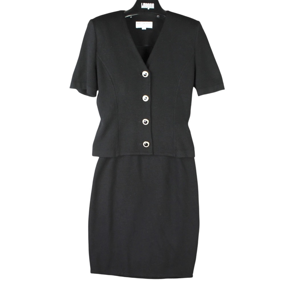 St. John Evening Marie Gray Knit Single Breasted Jacket Skirt Suit Set Black 8